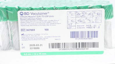 BD 367884 LH 75 USP Blood Collection Tubes 4.0mL 13 x 75mm - Box of 100